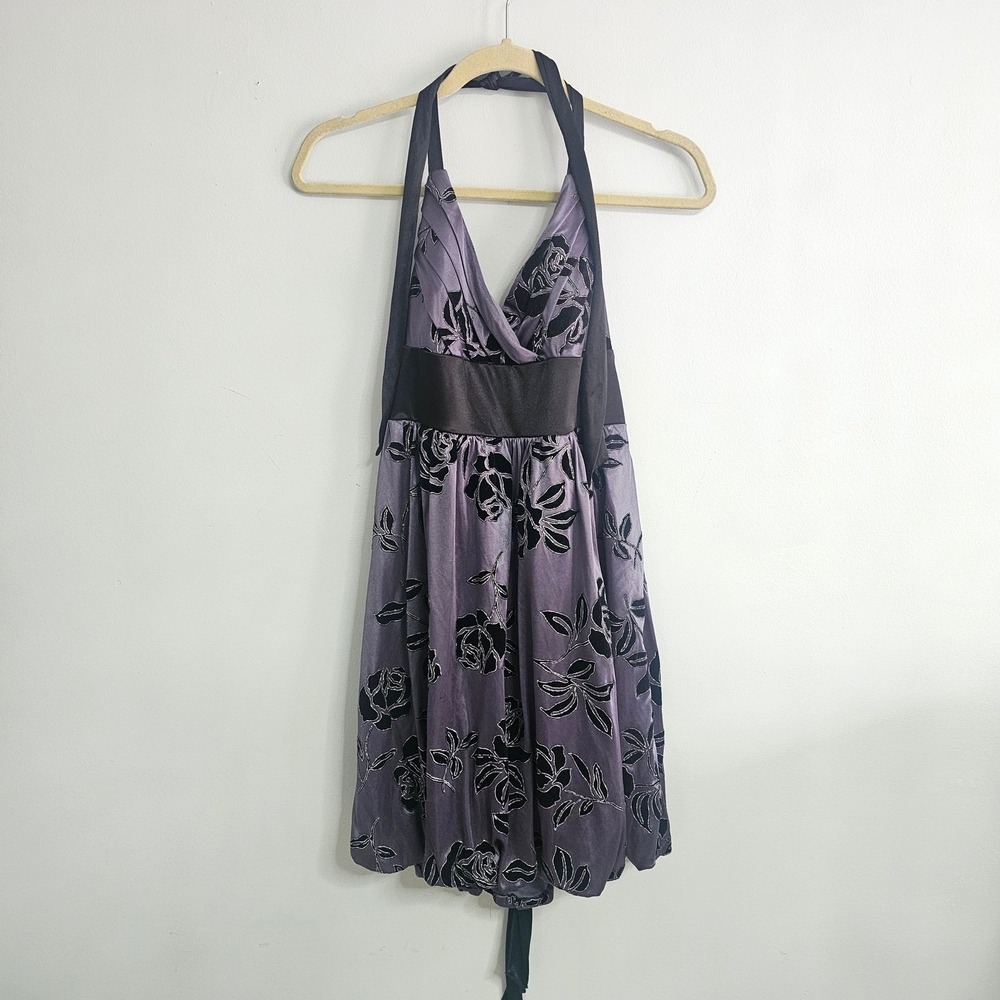 Trixxi‎ M Purple Halter Dress Black Velvet Floral Bubble Hem Party Cocktail HoCo
